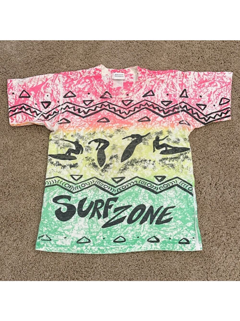 Vintage 90s Surf Zone AOP Tie Die Tee size Small